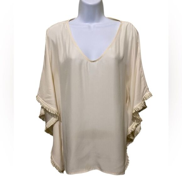 Marie Oliver Hudson Silk Champagne Fringe Poncho Top SZ Medium Western Quiet Lux - Picture 2 of 13